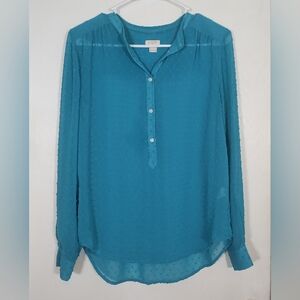 J. Crew Blouse Top Women's XS Popover Half Button Down Sheer Teal Blue Flowy